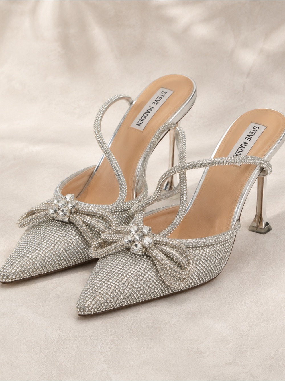 Steve Madden Silver Crystal Embellished Pointed-Toe Mules